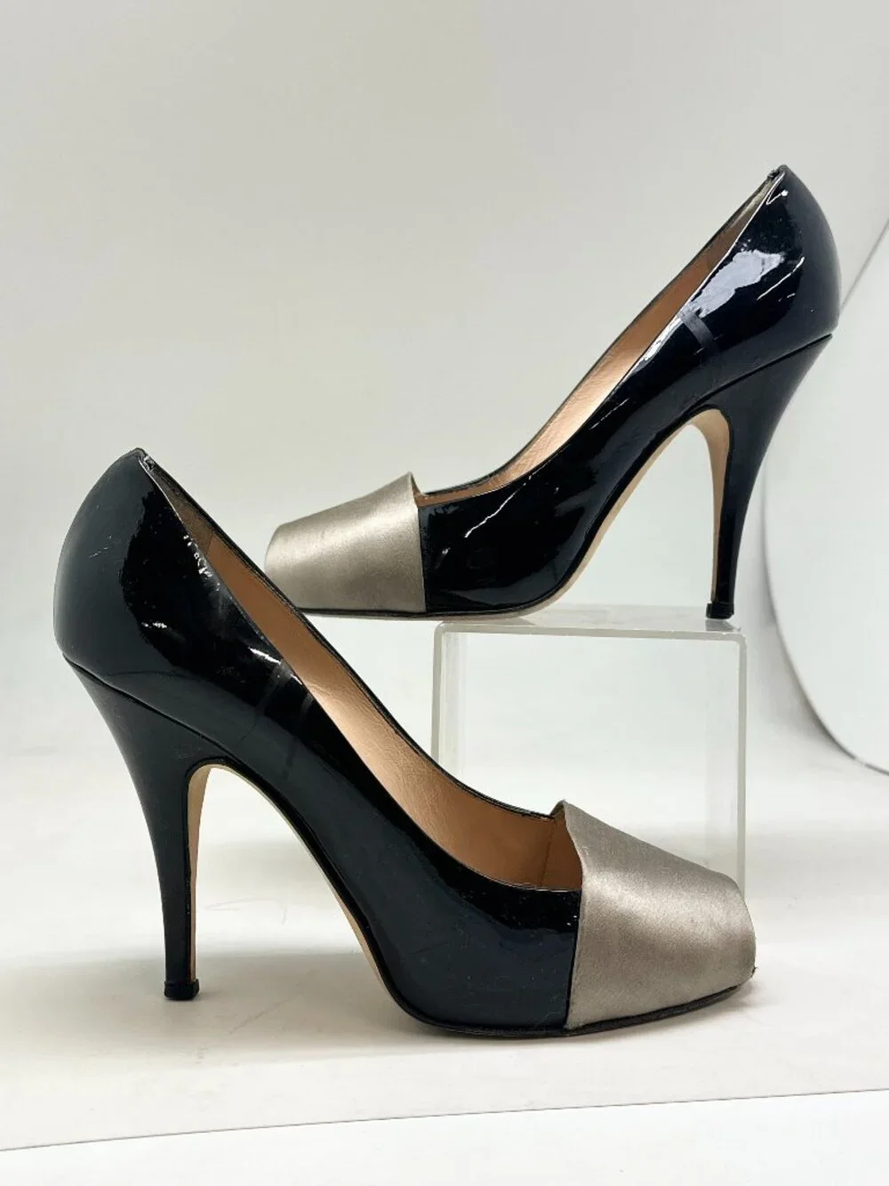 Giuseppe Zanotti Black Patent Leather Silver Peep Toe Heels Size 6.5